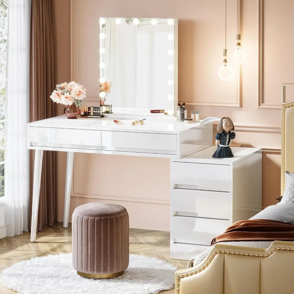 Vanity Desk with 5 Drawers, Makeup Table with Reversible Drawer Cabinet Printer Stand, Modern Computer Desk Dressing Table for
