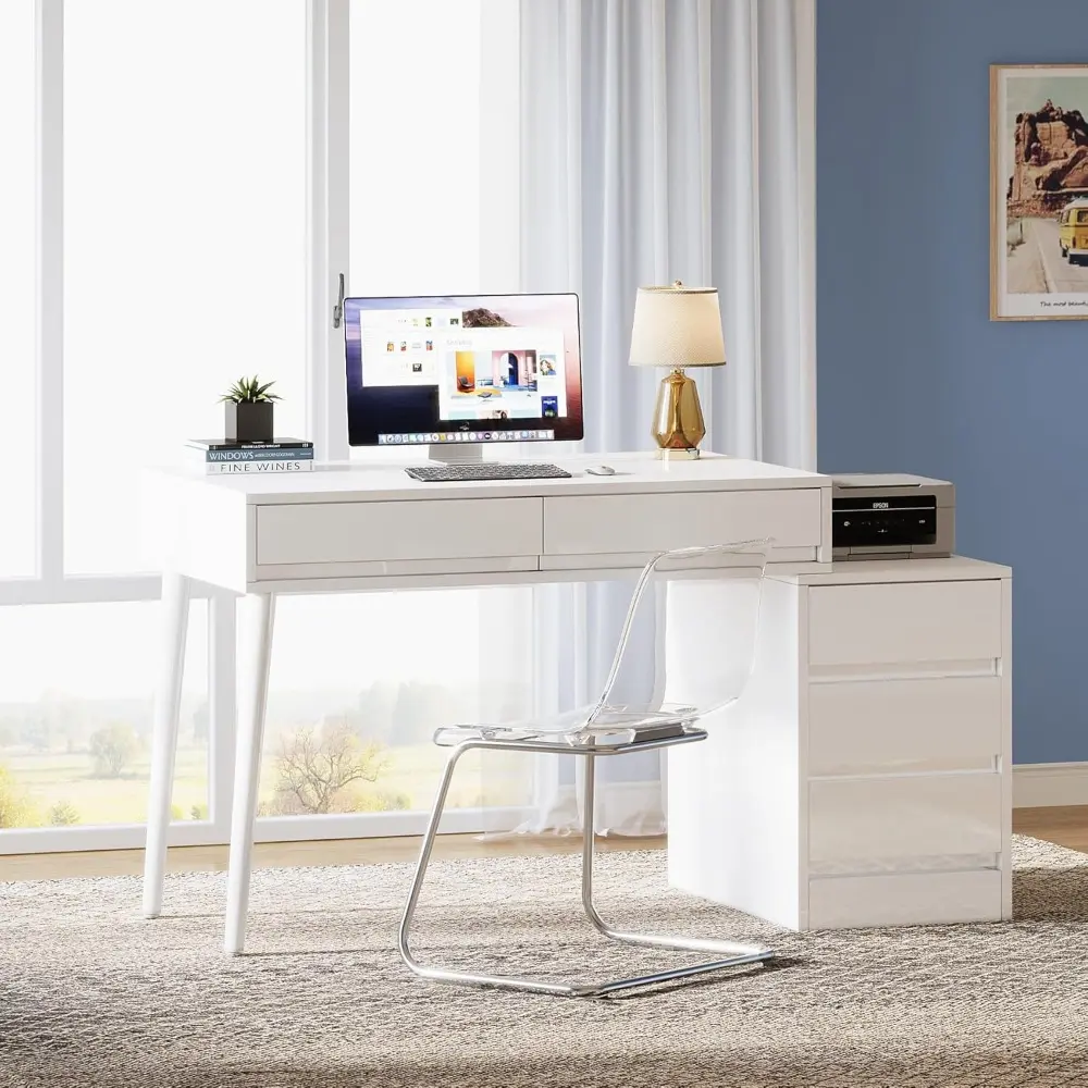 Vanity Desk with 5 Drawers, Makeup Table with Reversible Drawer Cabinet Printer Stand, Modern Computer Desk Dressing Table for