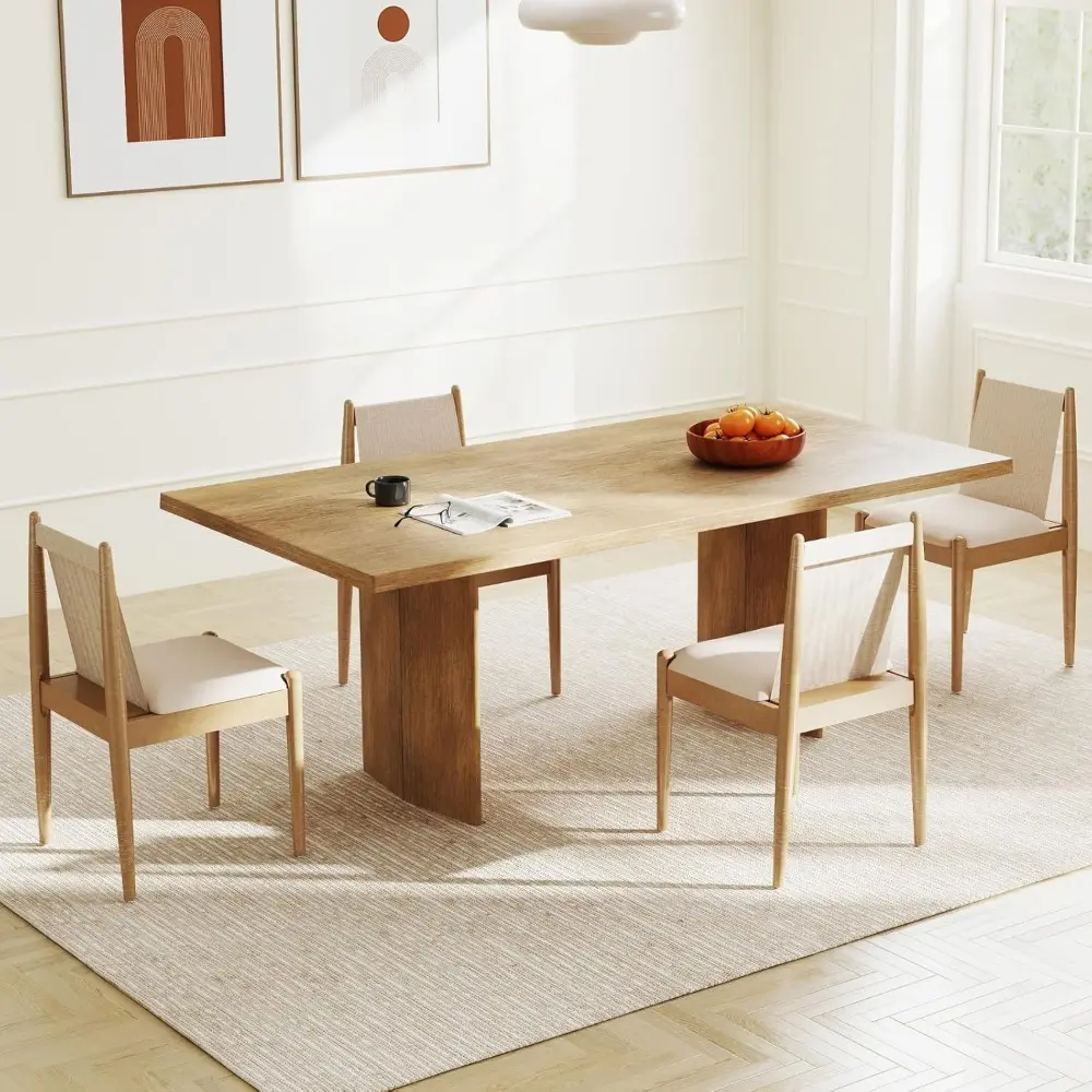 Upholstered Linen Beige Dining Chairs Set of 4, Wooden Armless Kitchen Chairs with Natural Legs and Sturdy Frame for Dining Roo