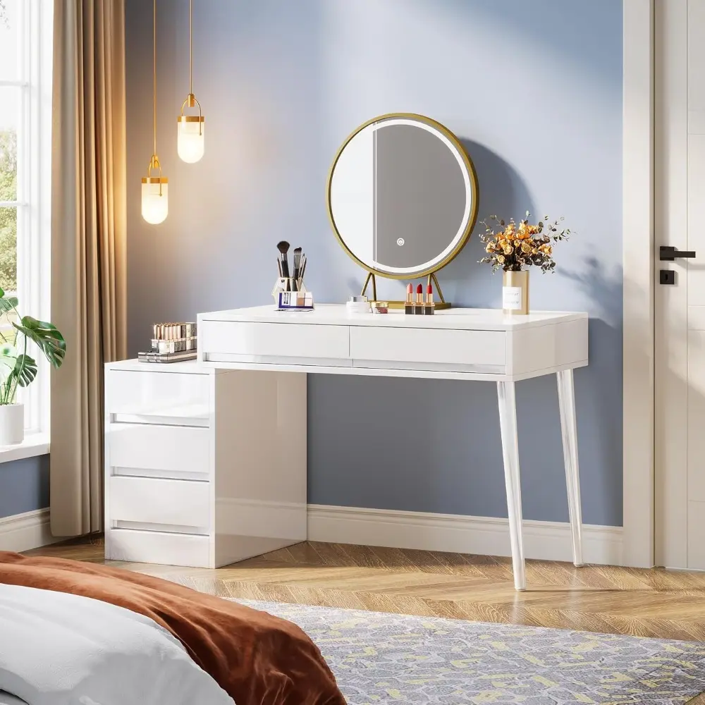 Vanity Desk with 5 Drawers, Makeup Table with Reversible Drawer Cabinet Printer Stand, Modern Computer Desk Dressing Table for