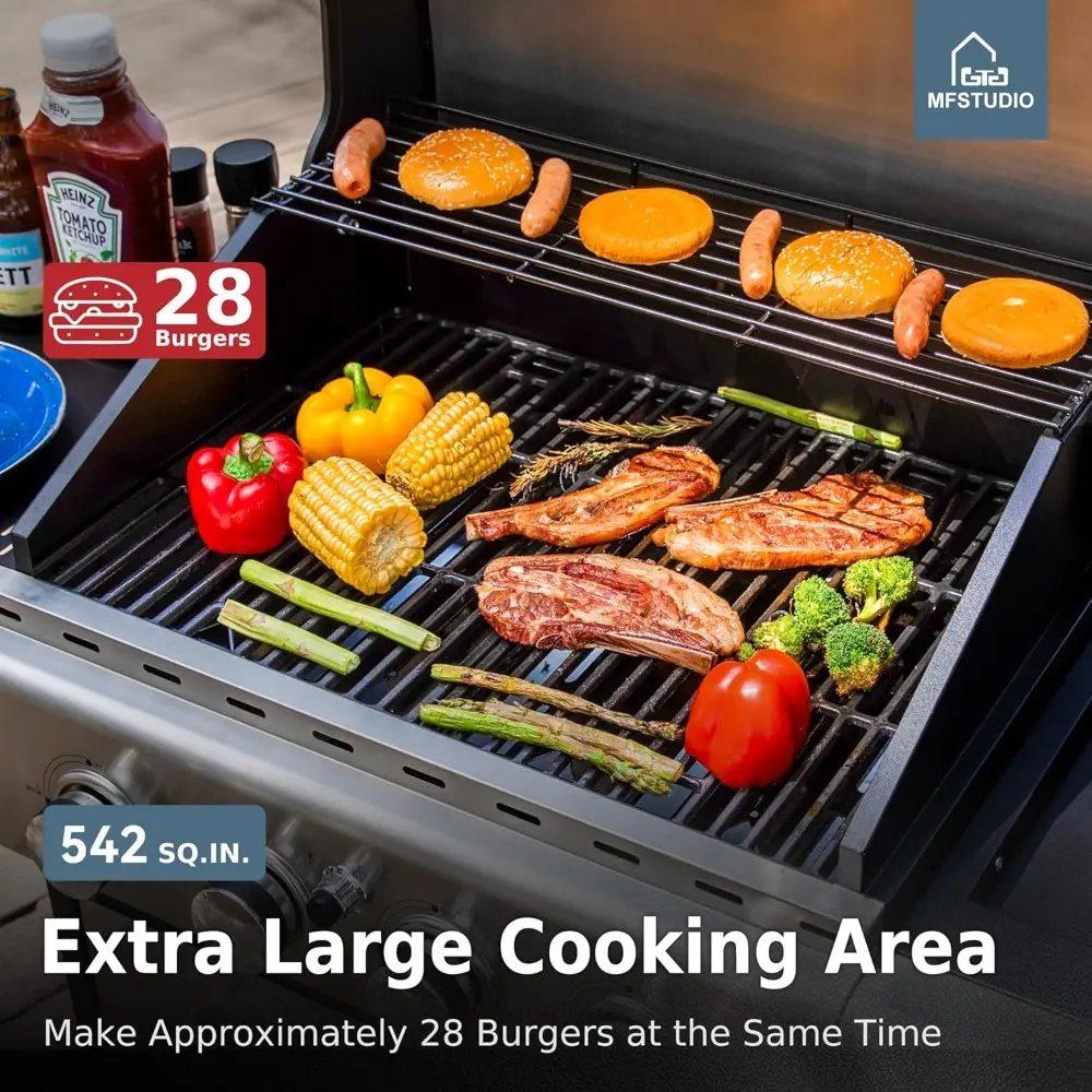 4-Burner BBQ Propane Grill with Searing Side Burner, Porcelain-Enameled Cast Iron Grates,Thicker and taller lid, Stainless Stee