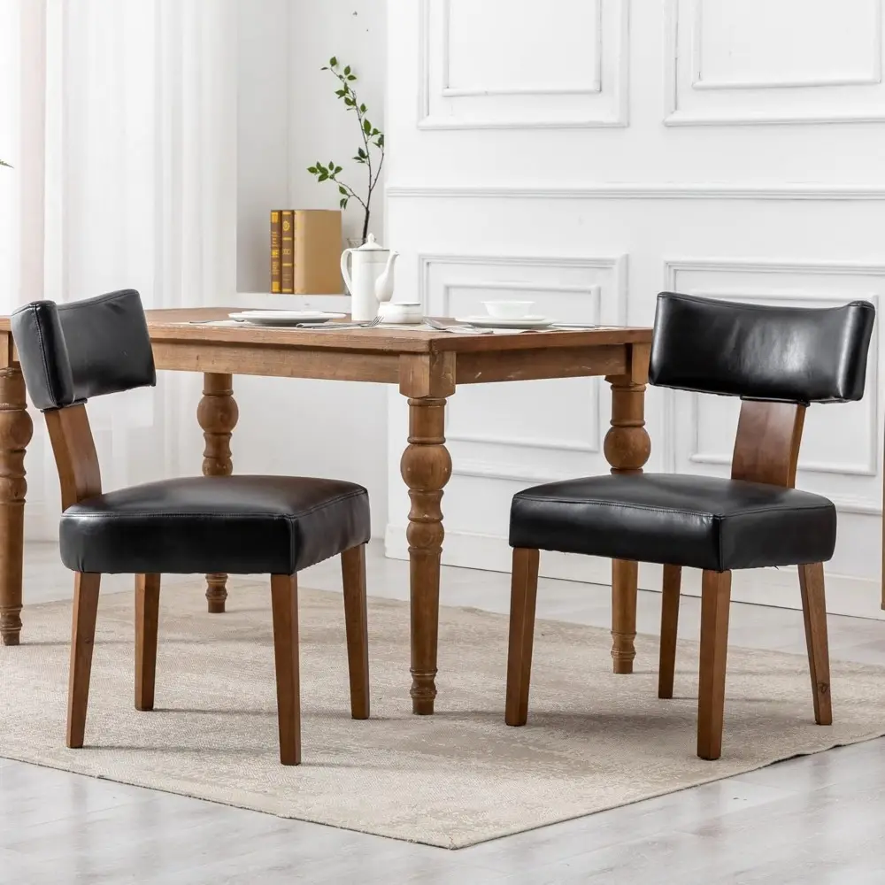 Modern Dining Chairs Set of 4, Comfy Upholstered Side Chairs with Wood Legs, PU Leather Dining Chairs with Curved Wingback for L