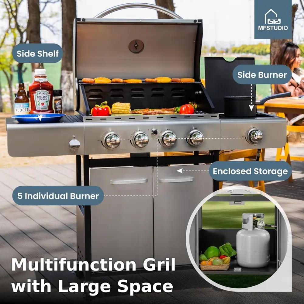 4-Burner BBQ Propane Grill with Searing Side Burner, Porcelain-Enameled Cast Iron Grates,Thicker and taller lid, Stainless Stee