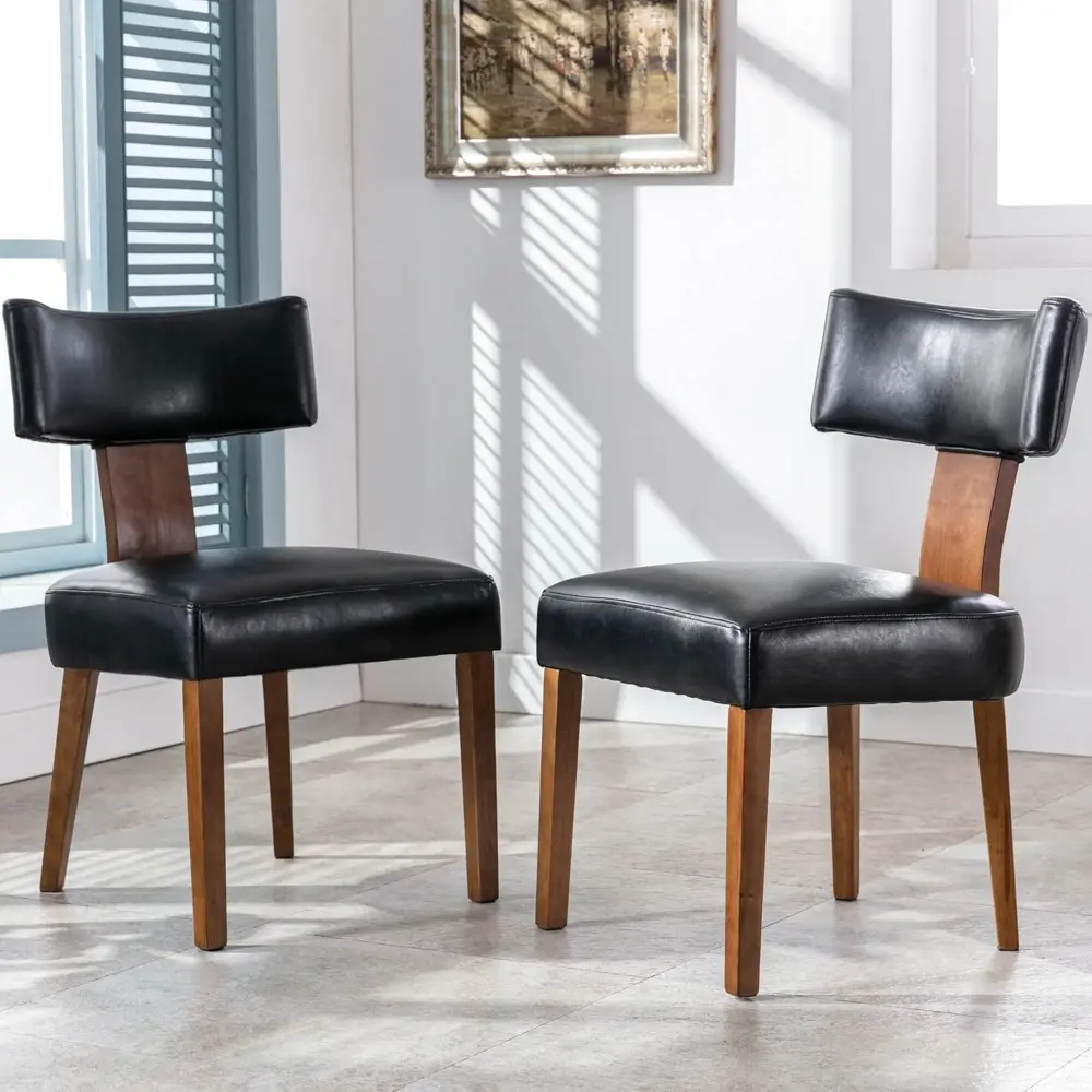 Modern Dining Chairs Set of 4, Comfy Upholstered Side Chairs with Wood Legs, PU Leather Dining Chairs with Curved Wingback for L