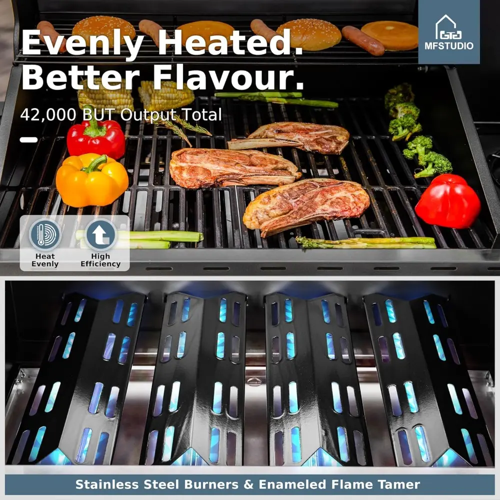 4-Burner BBQ Propane Grill with Searing Side Burner, Porcelain-Enameled Cast Iron Grates,Thicker and taller lid, Stainless Stee
