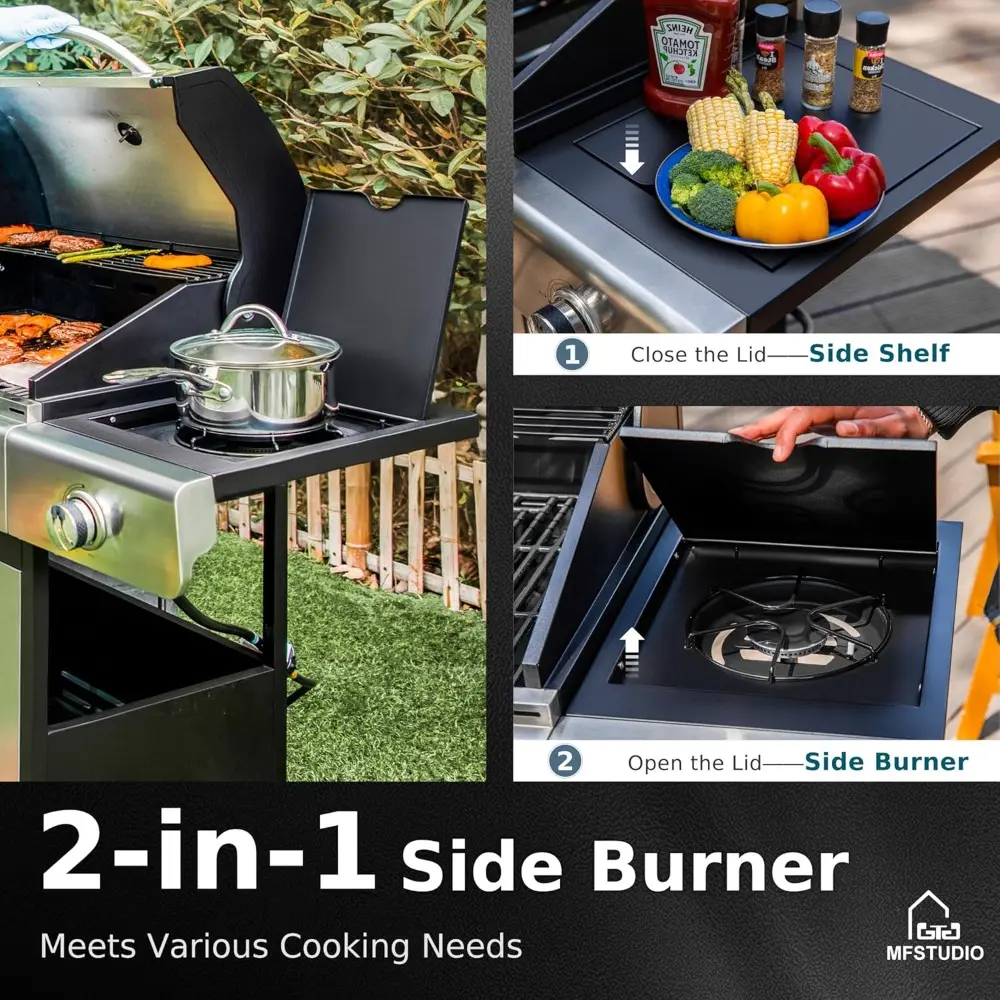 4-Burner BBQ Propane Grill with Searing Side Burner, Porcelain-Enameled Cast Iron Grates,Thicker and taller lid, Stainless Stee
