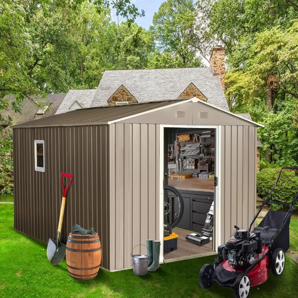 8x10 ft Outdoor Metal Storage Shed with Floor Foundation and Window, Lockable Galvanized Steel Tool Shed with Sliding Door and A