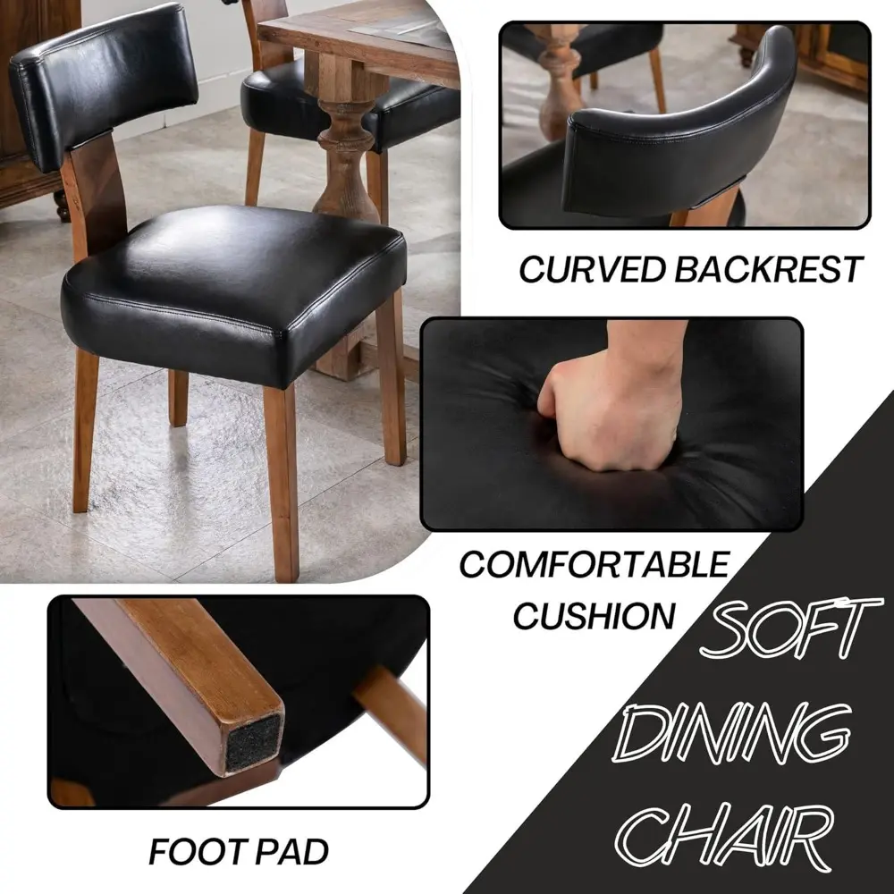 Modern Dining Chairs Set of 4, Comfy Upholstered Side Chairs with Wood Legs, PU Leather Dining Chairs with Curved Wingback for L