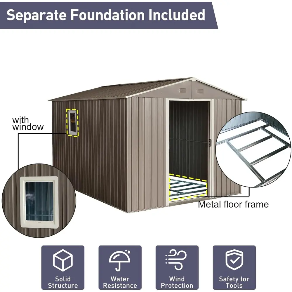 8x10 ft Outdoor Metal Storage Shed with Floor Foundation and Window, Lockable Galvanized Steel Tool Shed with Sliding Door and A