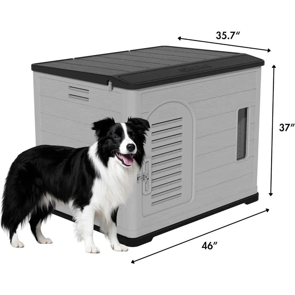 XLarge Durable Plastic Dog House for Big Dogs - Indoor Outdoor Double-Layer Insulated Doghouse with Open-Top Cover, Lockable Sli