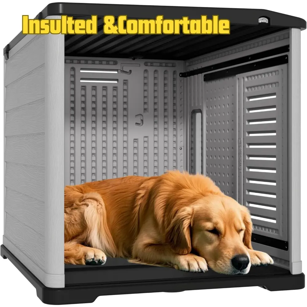 XLarge Durable Plastic Dog House for Big Dogs - Indoor Outdoor Double-Layer Insulated Doghouse with Open-Top Cover, Lockable Sli
