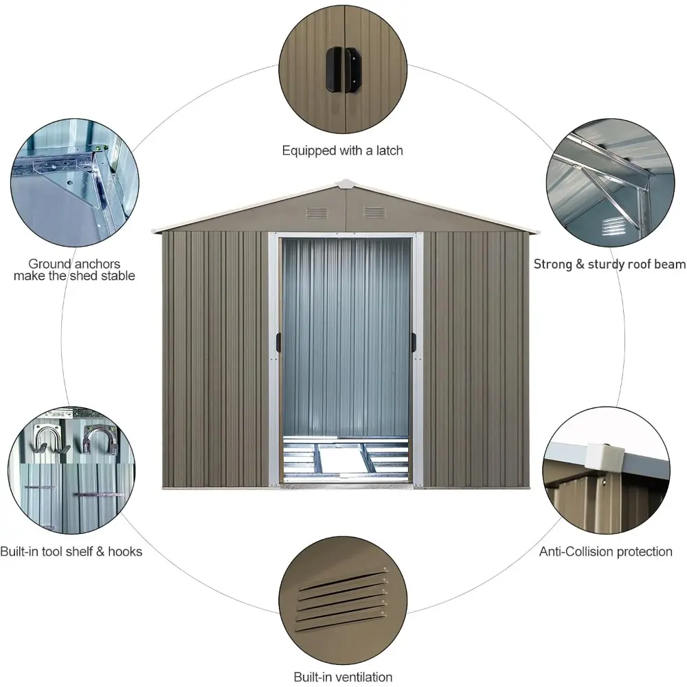 8x10 ft Outdoor Metal Storage Shed with Floor Foundation and Window, Lockable Galvanized Steel Tool Shed with Sliding Door and A