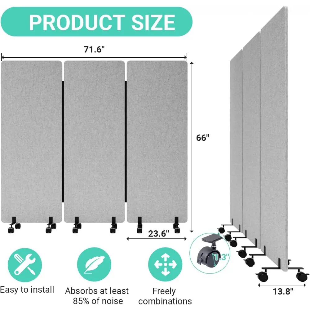 Soundproof Room Divider with Wheels, 66in Office Dividers for Sound Proofing & Reducing, 3 Panel Sound Proof Dividers for Office