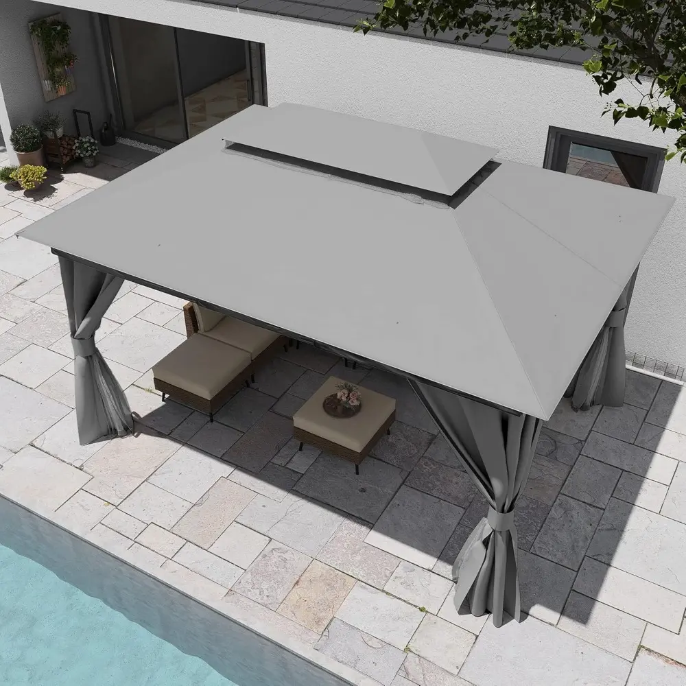 Outdoor Patio Gazebo 10'x13' with Expansion Bolts, Heavy Duty Party Tent & Shelter with Double Roofs, Mosquito Nettings and Pri