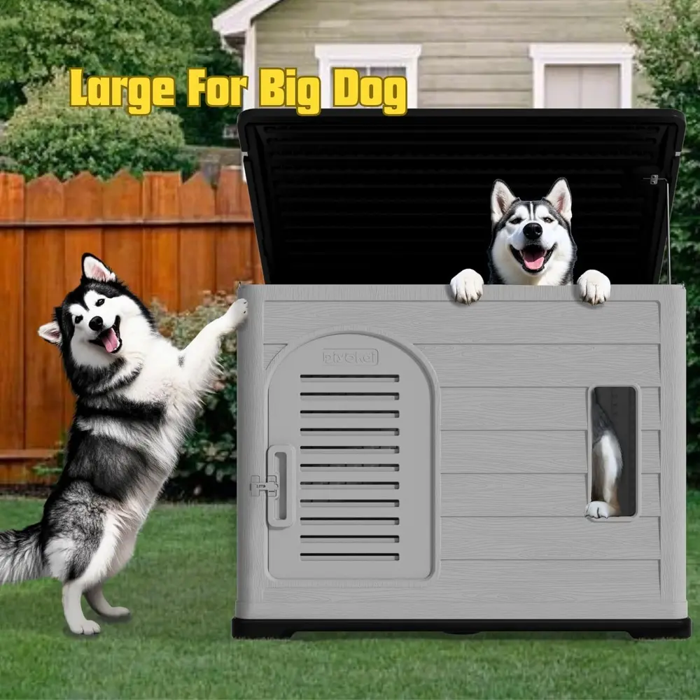 XLarge Durable Plastic Dog House for Big Dogs - Indoor Outdoor Double-Layer Insulated Doghouse with Open-Top Cover, Lockable Sli