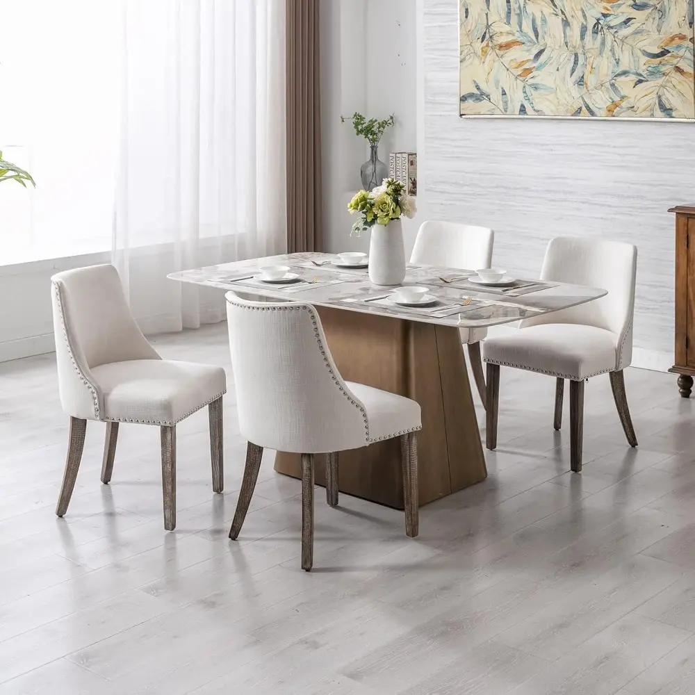 Linen Dining Chairs Set of 6 Upholstered Accent Chair with Nailhead Trim & Solid Wood Legs, Mid Century Modern Side Chair for Ki