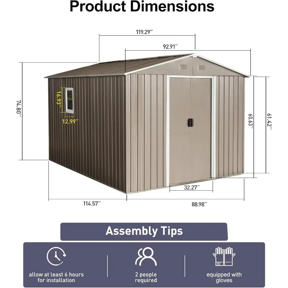 8x10 ft Outdoor Metal Storage Shed with Floor Foundation and Window, Lockable Galvanized Steel Tool Shed with Sliding Door and A