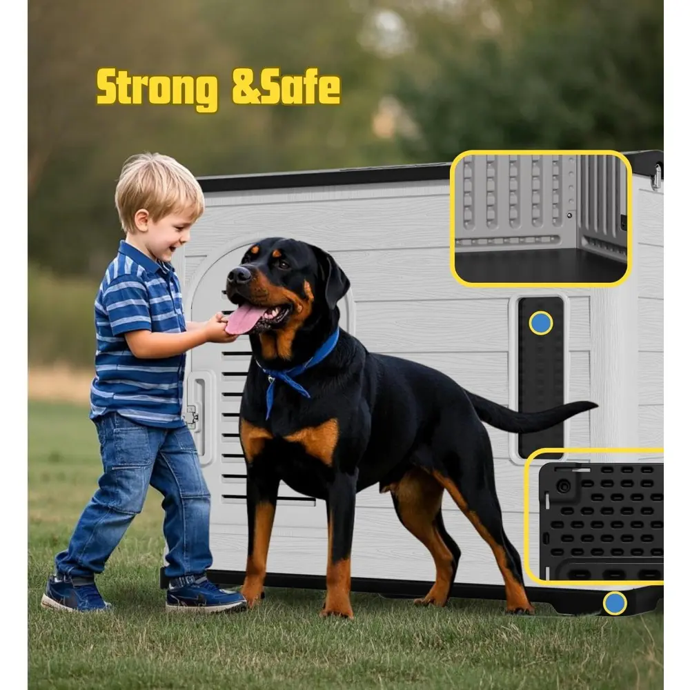 XLarge Durable Plastic Dog House for Big Dogs - Indoor Outdoor Double-Layer Insulated Doghouse with Open-Top Cover, Lockable Sli