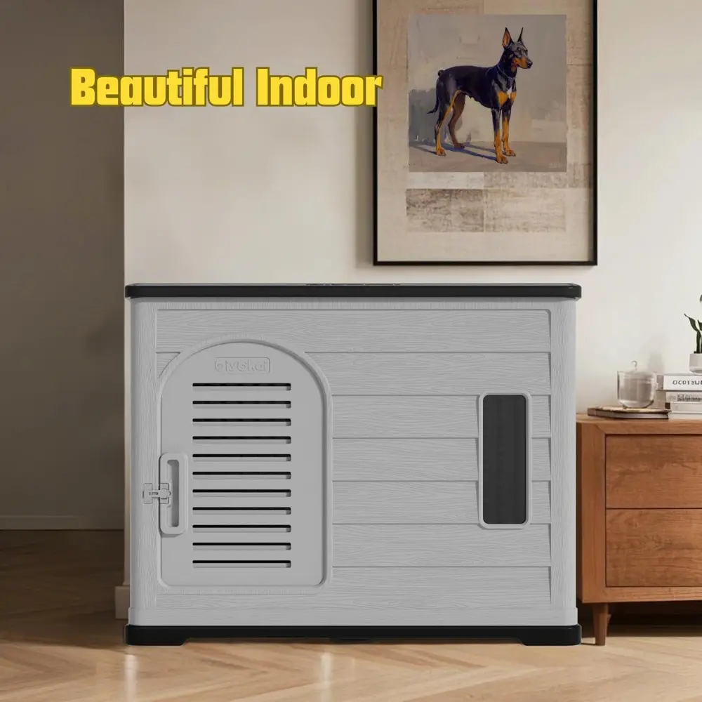 XLarge Durable Plastic Dog House for Big Dogs - Indoor Outdoor Double-Layer Insulated Doghouse with Open-Top Cover, Lockable Sli