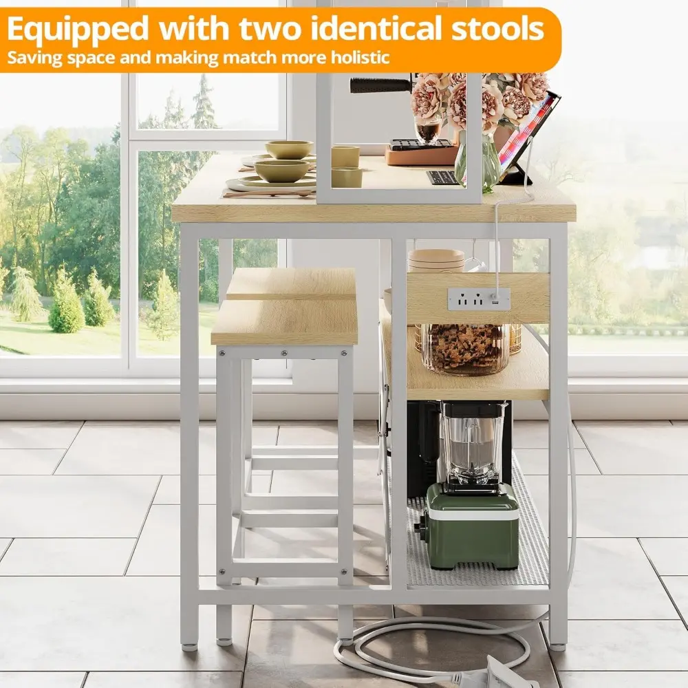 Kitchen Island with Stools, Dining Table Set with Storage and Power Outlet, Industrial Coffee Bar Table for Kitchen Dining Livi