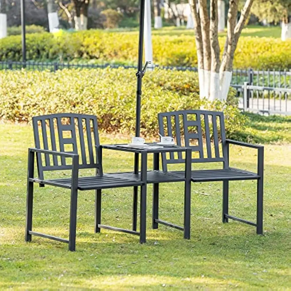 Outsunny Metal Garden Bench with Middle Table and Umbrella Hole, 2-in-1 Double Patio Chairs, Outdoor 2-Person Tete-a-Tete, Slatt
