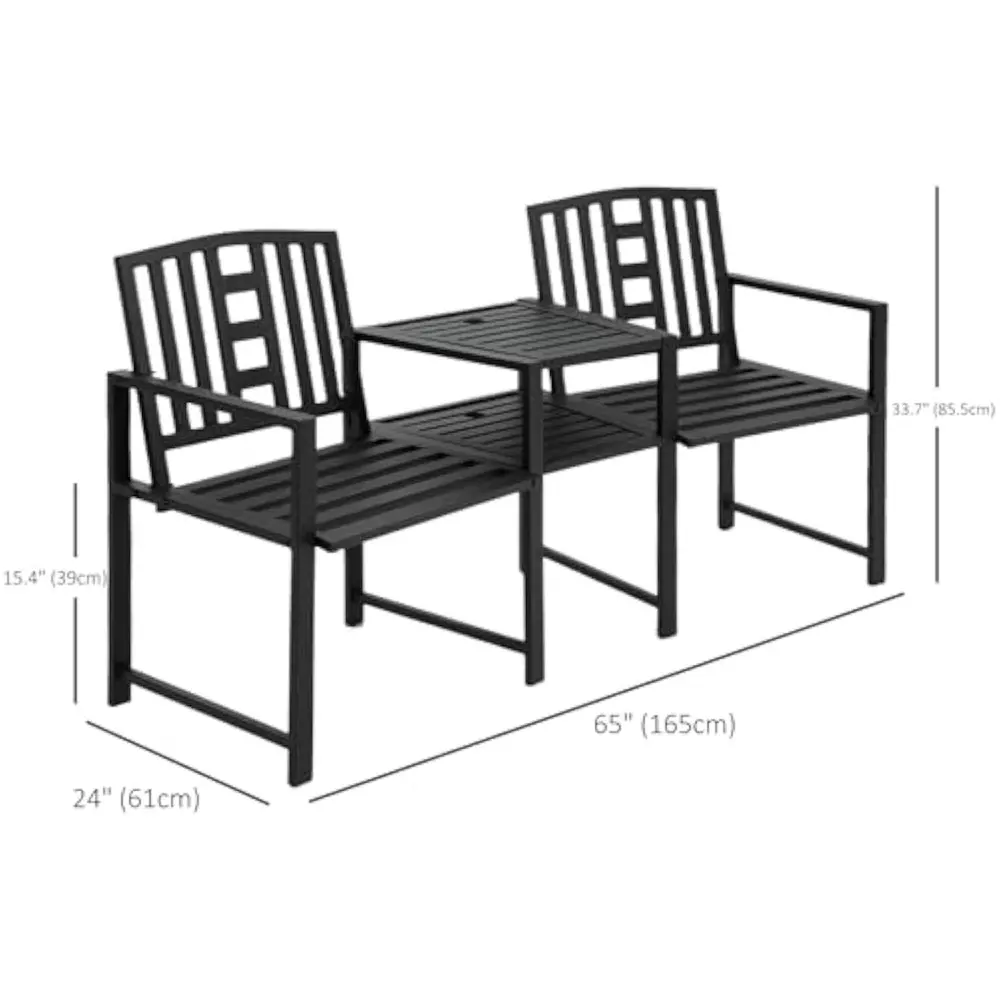 Outsunny Metal Garden Bench with Middle Table and Umbrella Hole, 2-in-1 Double Patio Chairs, Outdoor 2-Person Tete-a-Tete, Slatt