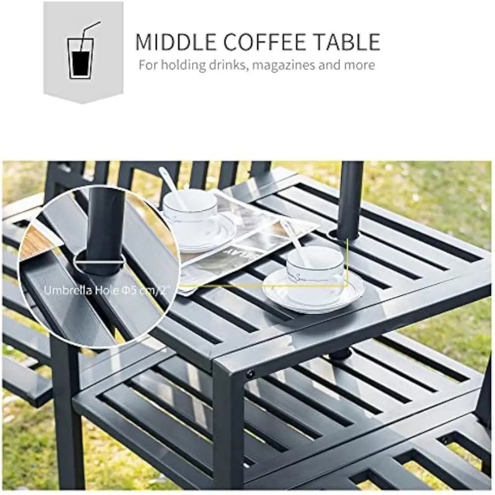 Outsunny Metal Garden Bench with Middle Table and Umbrella Hole, 2-in-1 Double Patio Chairs, Outdoor 2-Person Tete-a-Tete, Slatt