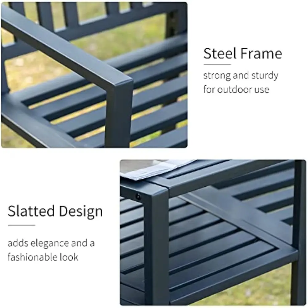 Outsunny Metal Garden Bench with Middle Table and Umbrella Hole, 2-in-1 Double Patio Chairs, Outdoor 2-Person Tete-a-Tete, Slatt