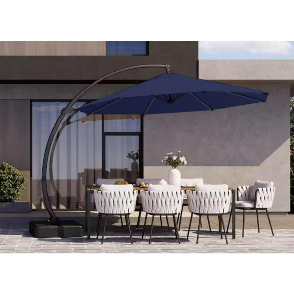 11ft Offset Cantilever Patio Umbrella with Solar Lights, Large Round Outdoor Umbrella with Base Included, Aluminum Frame, 360° R