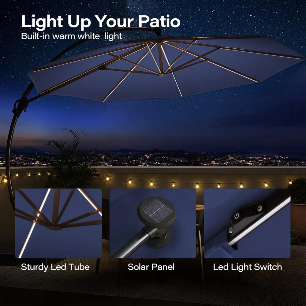 11ft Offset Cantilever Patio Umbrella with Solar Lights, Large Round Outdoor Umbrella with Base Included, Aluminum Frame, 360° R