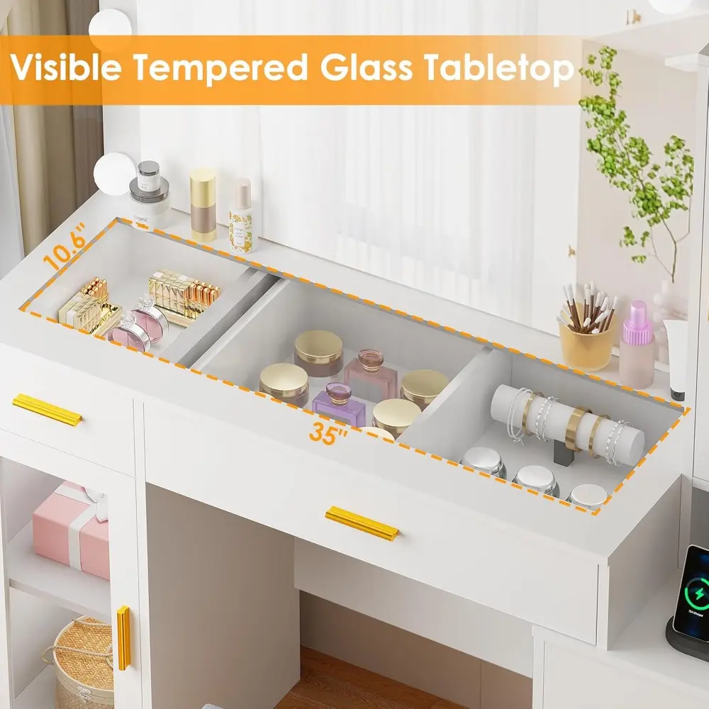 49.2" Large Vanity Desk with Mirror and Lights,White Makeup Vanity Table with Glass Top,Stool,Makeup Desk with Power Outlet,5 D