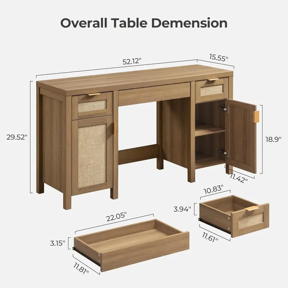 Rattan Vanity Home Office Desk - 52" Large Farmhouse Boho Makeup Vanity Dressing Table with 3 Drawers & 2 Storage Cabinets, Van