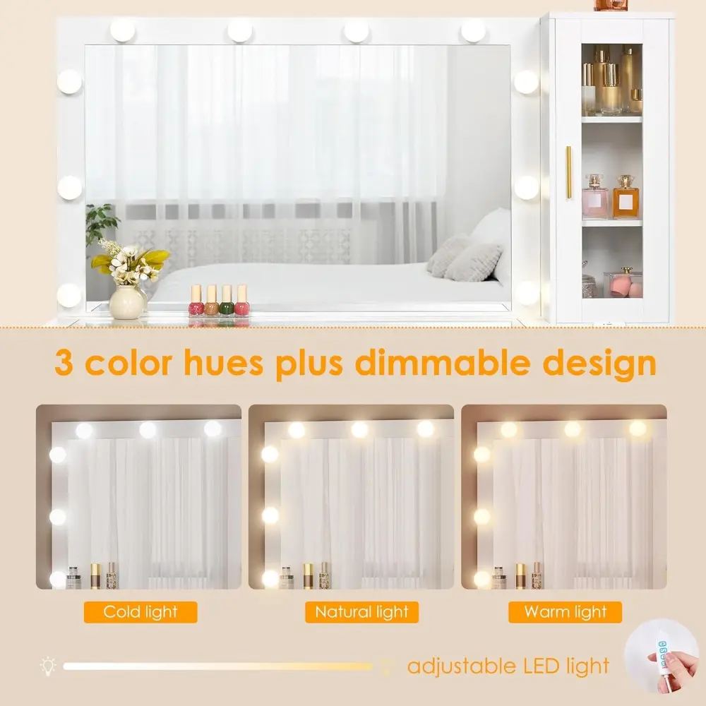49.2" Large Vanity Desk with Mirror and Lights,White Makeup Vanity Table with Glass Top,Stool,Makeup Desk with Power Outlet,5 D