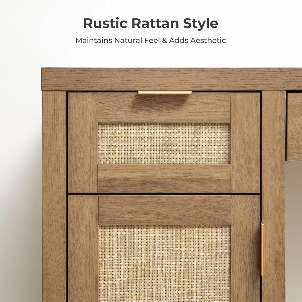 Rattan Vanity Home Office Desk - 52" Large Farmhouse Boho Makeup Vanity Dressing Table with 3 Drawers & 2 Storage Cabinets, Van