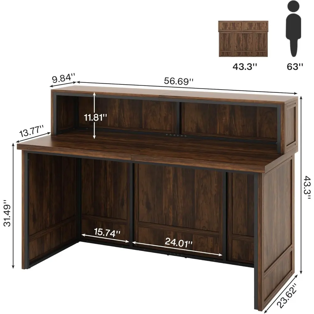 57" Reception Desk with Counter, Modern Front Desk with Metal Frame, Wooden Retail Checkout Counter for Office, Reception Room,