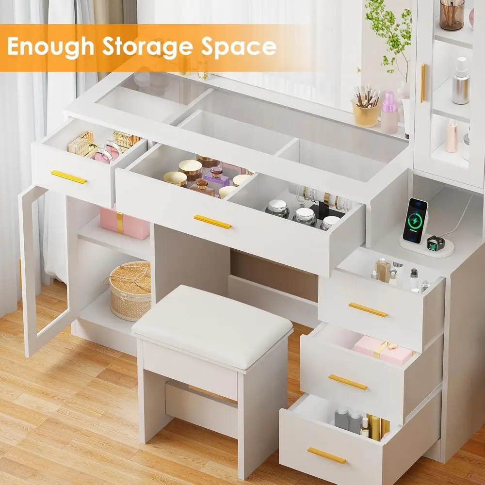 49.2" Large Vanity Desk with Mirror and Lights,White Makeup Vanity Table with Glass Top,Stool,Makeup Desk with Power Outlet,5 D
