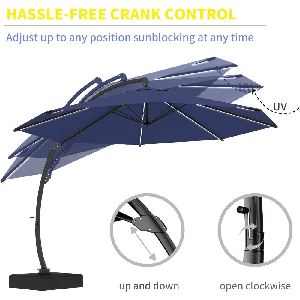 11ft Offset Cantilever Patio Umbrella with Solar Lights, Large Round Outdoor Umbrella with Base Included, Aluminum Frame, 360° R
