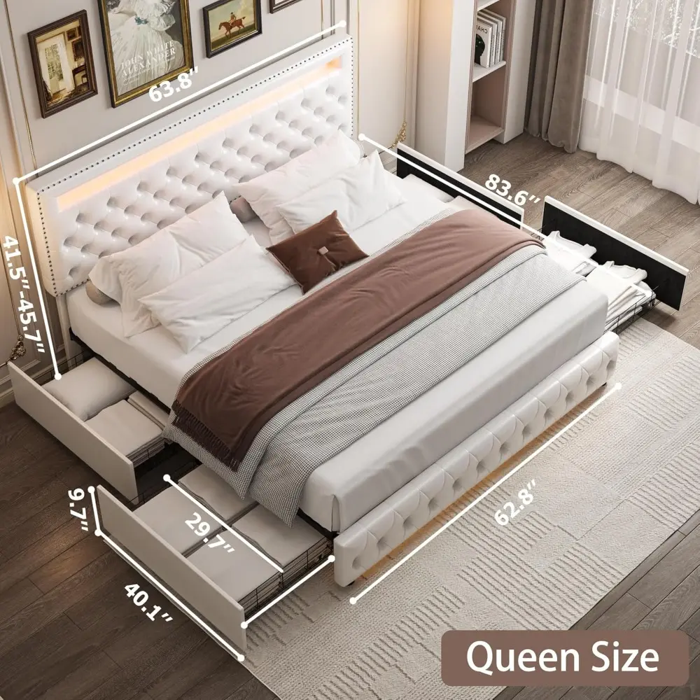 Queen LED Bed Frame with 4 Drawers, RGB LED Light Headbaord Footboard, Adjustable Upholstered Headboard Diamond Bed Frame, No Bo