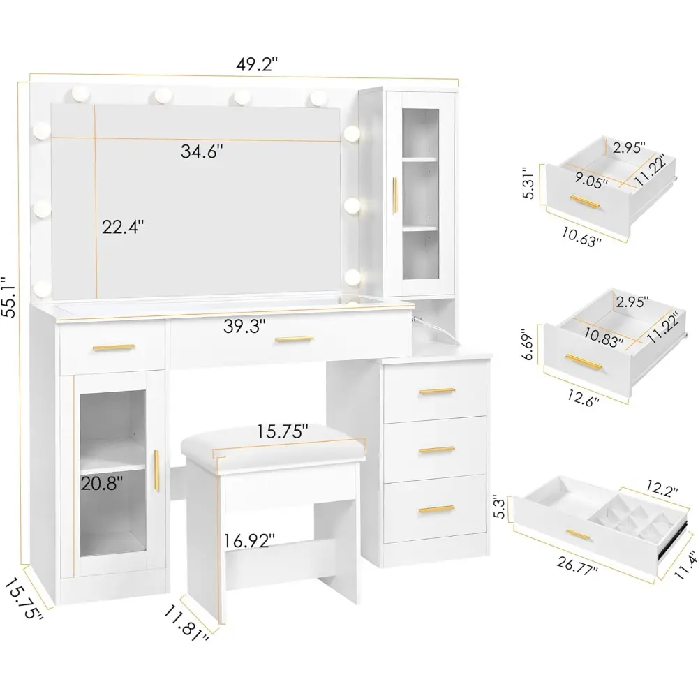 49.2" Large Vanity Desk with Mirror and Lights,White Makeup Vanity Table with Glass Top,Stool,Makeup Desk with Power Outlet,5 D