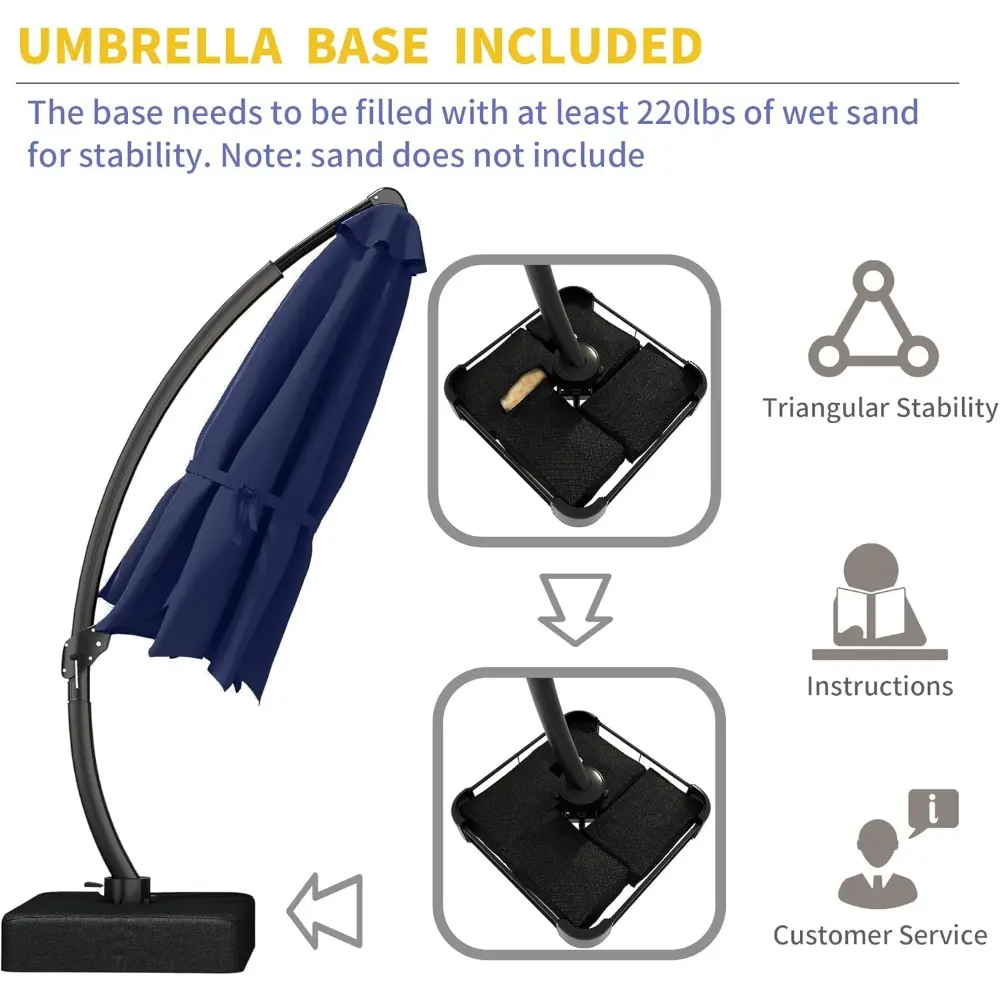 11ft Offset Cantilever Patio Umbrella with Solar Lights, Large Round Outdoor Umbrella with Base Included, Aluminum Frame, 360° R