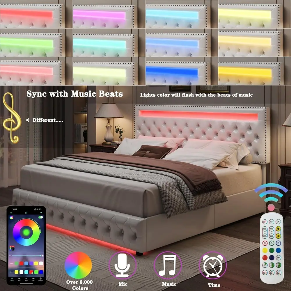 Queen LED Bed Frame with 4 Drawers, RGB LED Light Headbaord Footboard, Adjustable Upholstered Headboard Diamond Bed Frame, No Bo