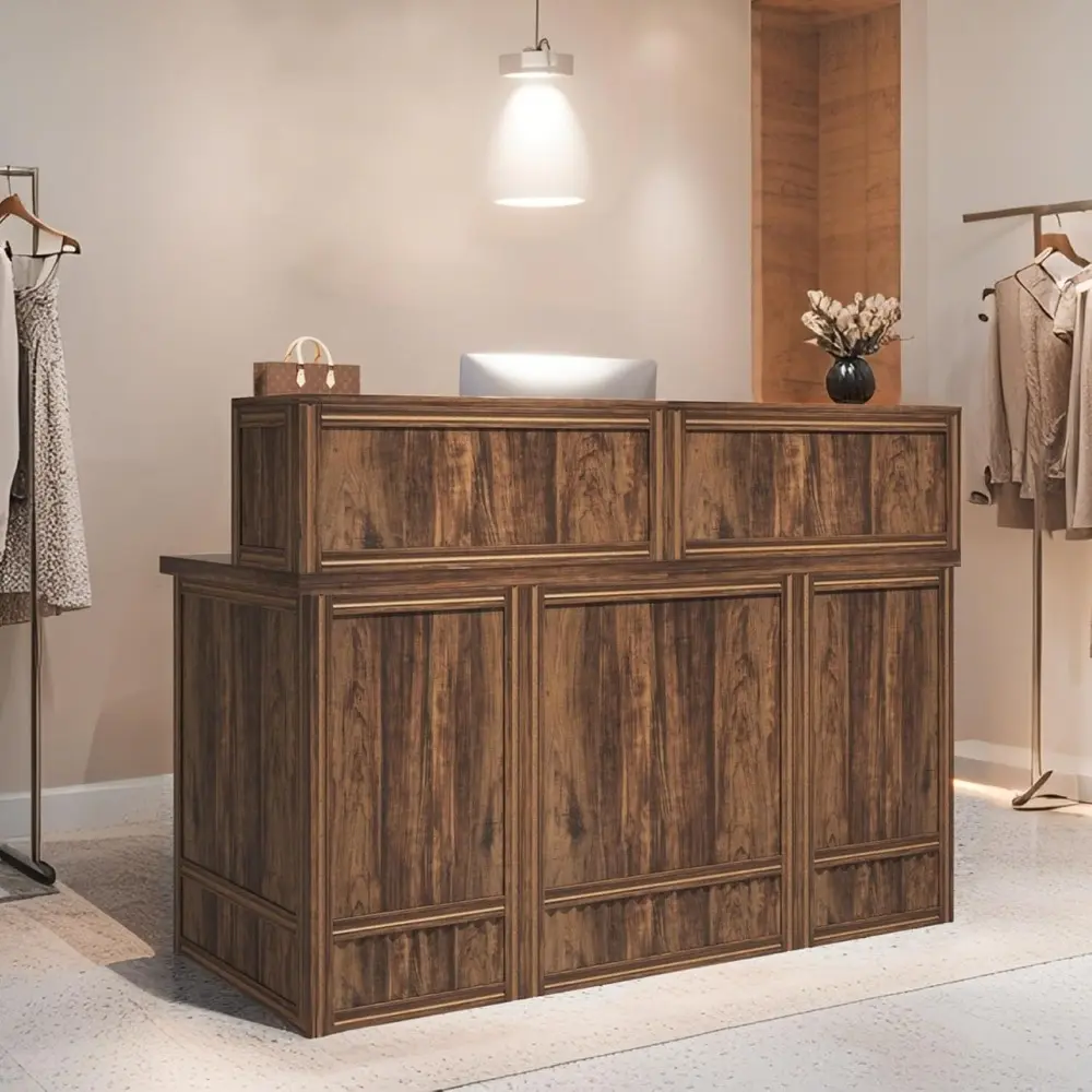 57" Reception Desk with Counter, Modern Front Desk with Metal Frame, Wooden Retail Checkout Counter for Office, Reception Room,