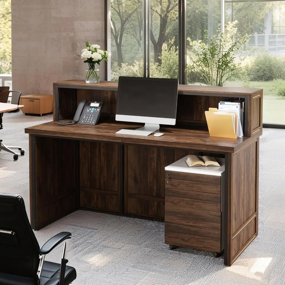57" Reception Desk with Counter, Modern Front Desk with Metal Frame, Wooden Retail Checkout Counter for Office, Reception Room,