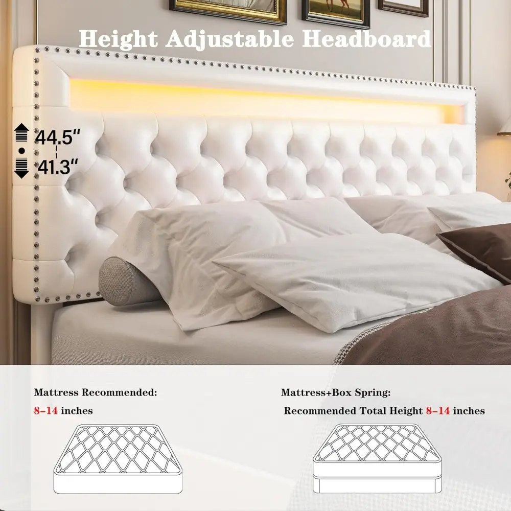 Queen LED Bed Frame with 4 Drawers, RGB LED Light Headbaord Footboard, Adjustable Upholstered Headboard Diamond Bed Frame, No Bo