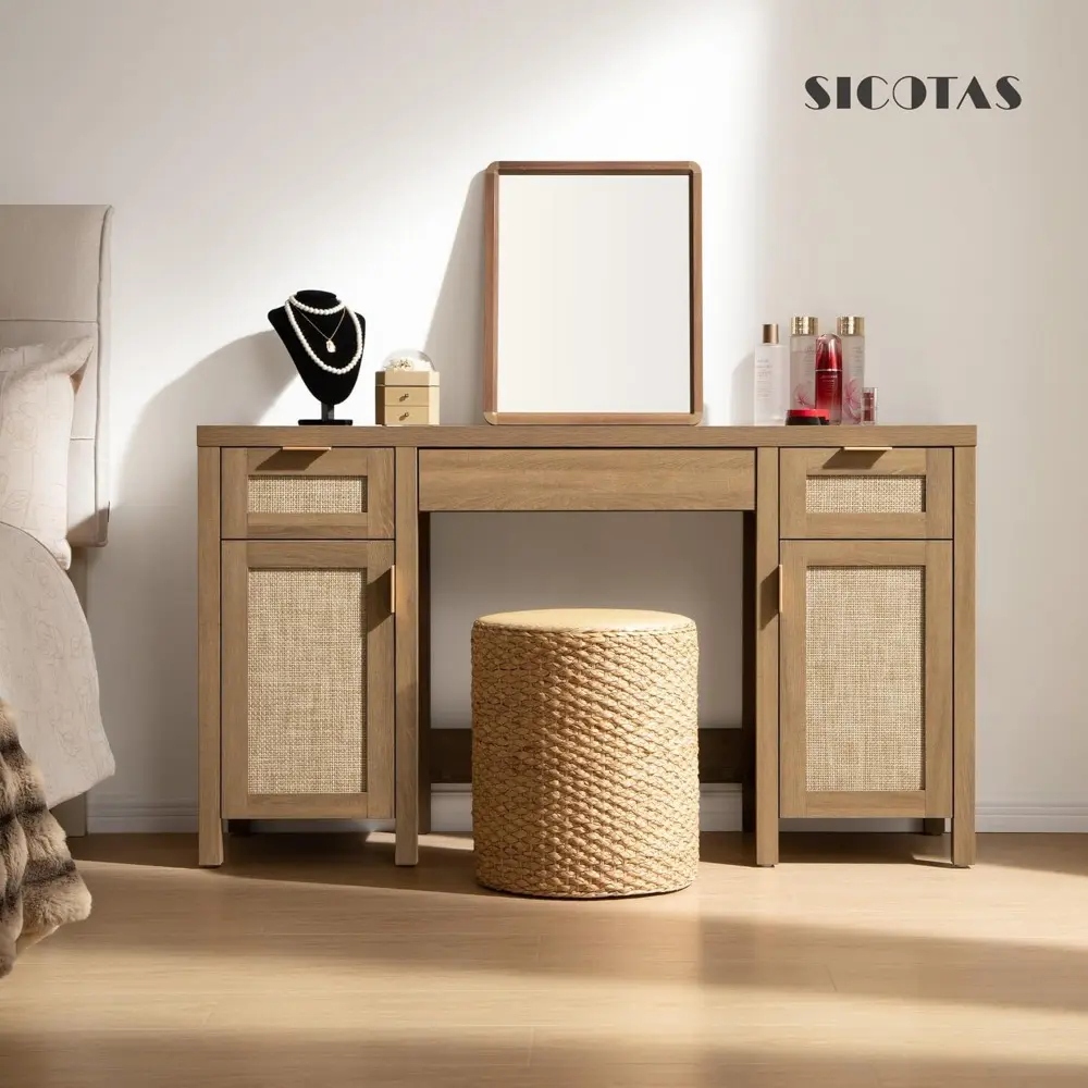 Rattan Vanity Home Office Desk - 52" Large Farmhouse Boho Makeup Vanity Dressing Table with 3 Drawers & 2 Storage Cabinets, Van