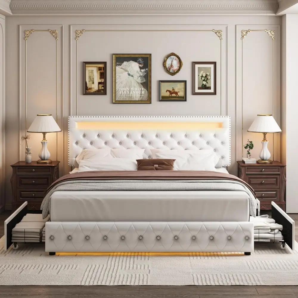 Queen LED Bed Frame with 4 Drawers, RGB LED Light Headbaord Footboard, Adjustable Upholstered Headboard Diamond Bed Frame, No Bo