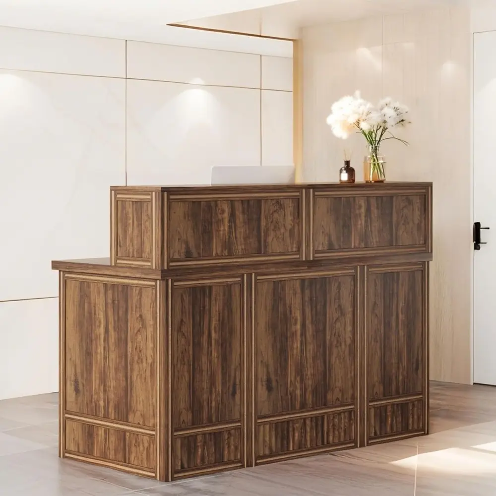 57" Reception Desk with Counter, Modern Front Desk with Metal Frame, Wooden Retail Checkout Counter for Office, Reception Room,