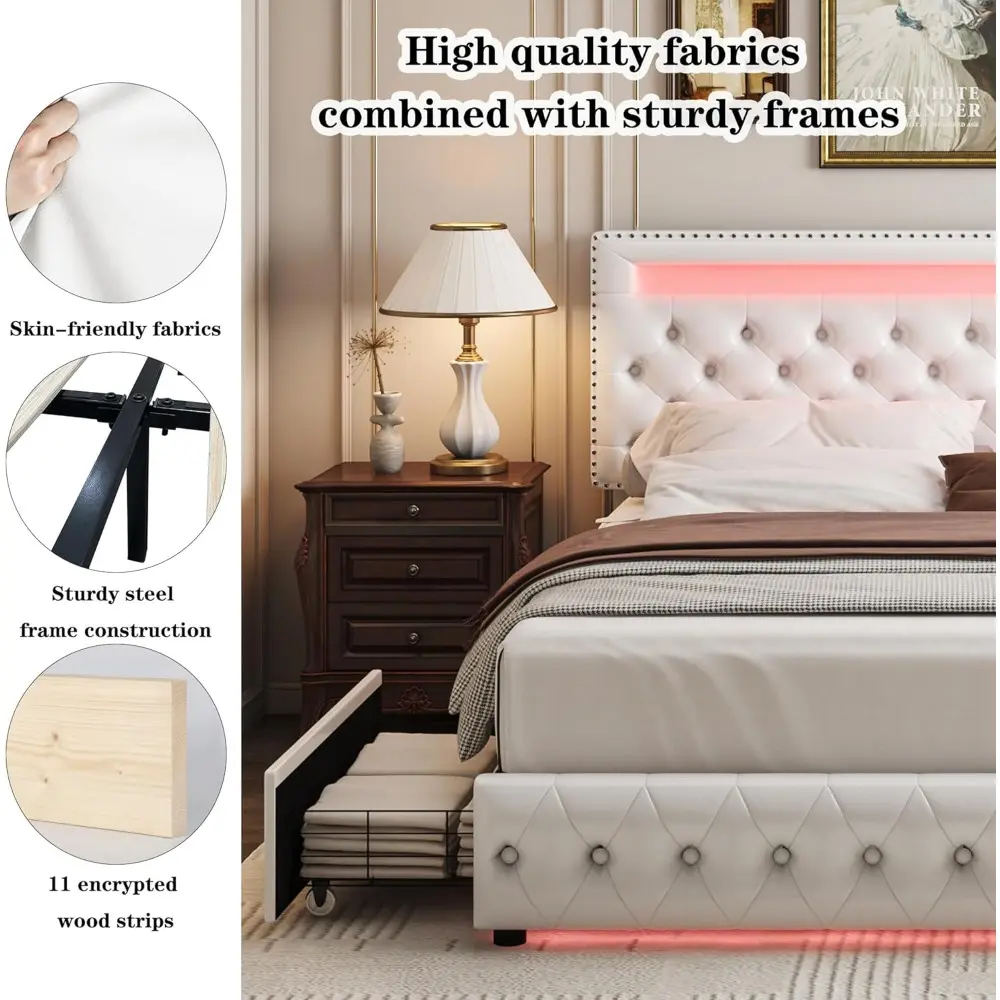 Queen LED Bed Frame with 4 Drawers, RGB LED Light Headbaord Footboard, Adjustable Upholstered Headboard Diamond Bed Frame, No Bo