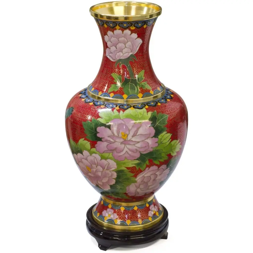 China Furniture Online Red Floral Motif Oriental Cloisonne Vase with Stand
