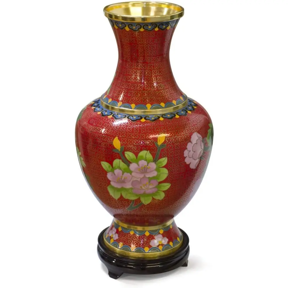 China Furniture Online Red Floral Motif Oriental Cloisonne Vase with Stand